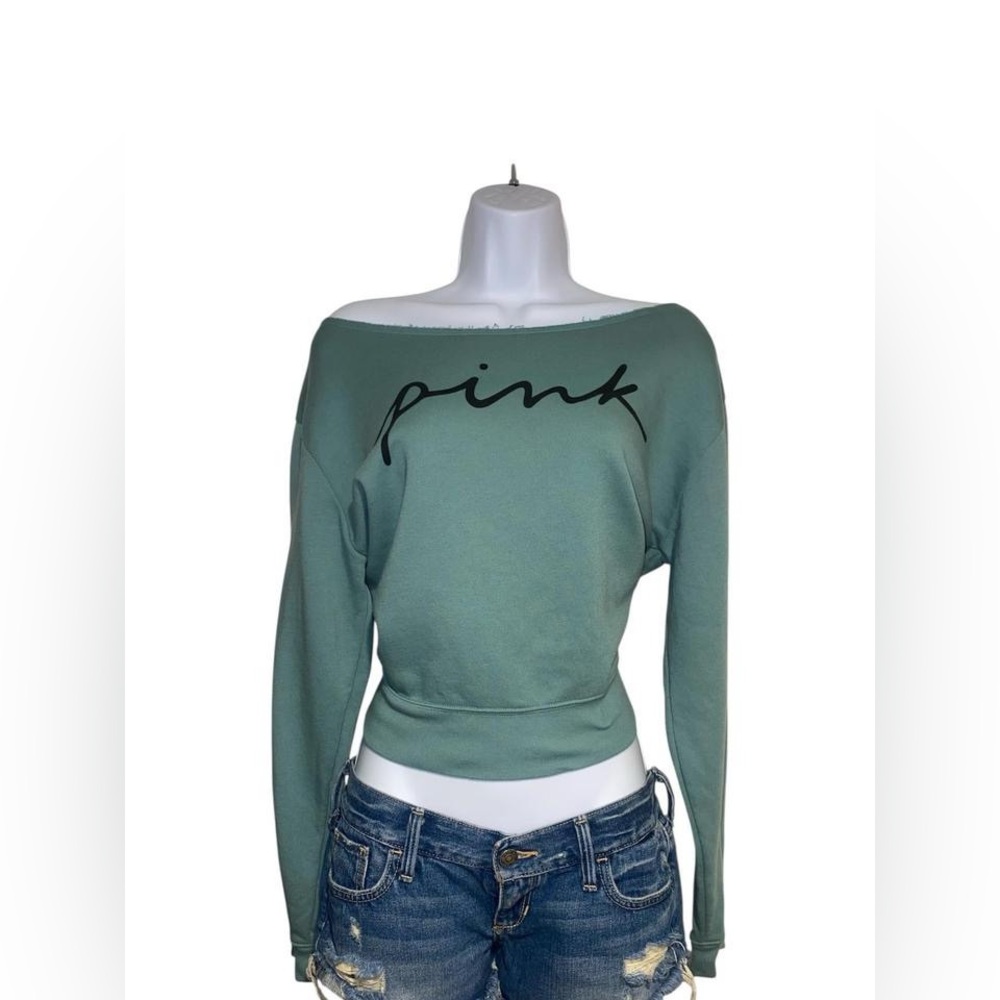 Sage green Victoria's Secret PINK off the shoulder sweatshirt with black logo